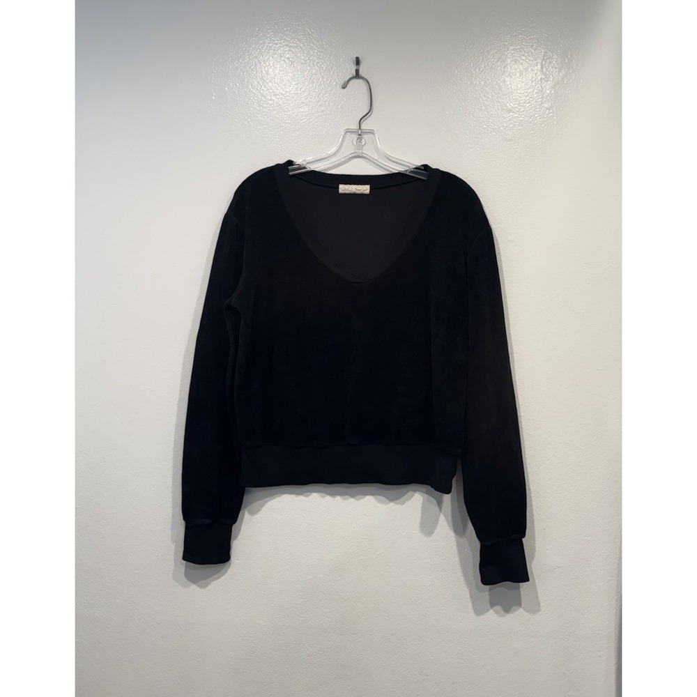 Suzie Kondi Vari Black Velour Velvet Sweatshirt V Neck Size XS Minimalist Boho